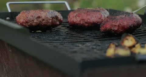 Tasty Composition, Cooking Beef and Pork Patty for Burger, Meat Roasted at Grill Stock Footage 132856342