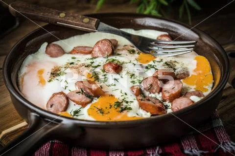 Tasty cooked egg with chopped sausages. Stock Photos