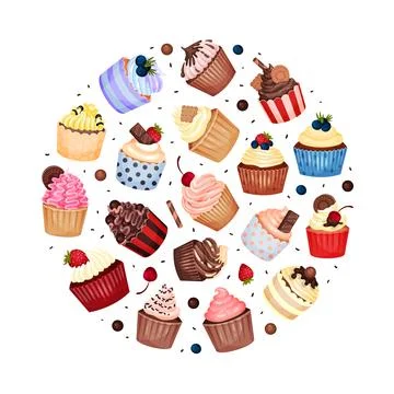 Tasty Cupcake Round Composition Design with Sweet Dessert Vector Template Stock Illustration