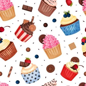 Tasty Cupcake Seamless Pattern Design with Sweet Dessert Vector Template Illustrazione stock