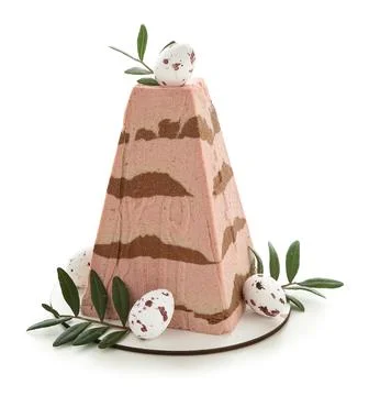 Tasty curd Easter cake with eggs and leaves on white background Stock Photos