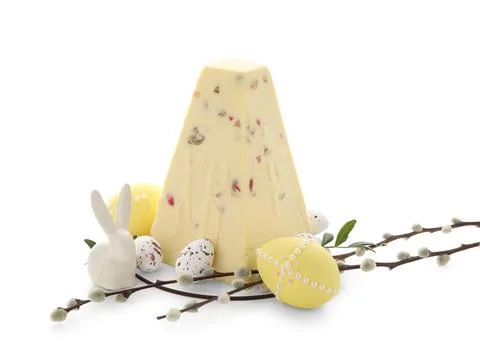 Tasty curd Easter cake with eggs, pussy willow branches and ceramic bunny on  Stock Photos
