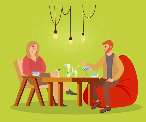 Tasty dinner in the cafe vector illustration. Couple eating desserts and Ilustração Stock