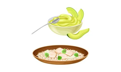 Tasty dinner dishes set. Risotto and sliced avocado served on plates vector Ilustración de archivo