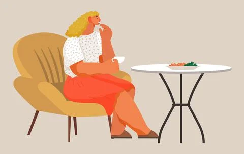 Tasty dinner at home vector illustration. Girl eating healthy vegetable salad Stock Illustration