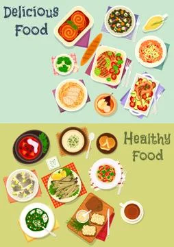 Tasty dinner icon set with fish, meat and pasta Stock Illustration