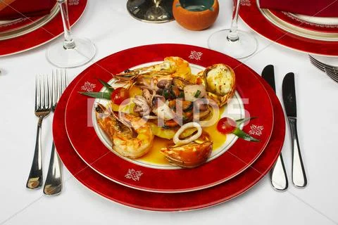 Tasty dish from sea products at restaurant Stock Photos