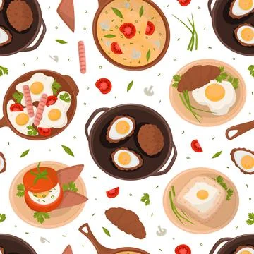 Tasty dishes for breakfast seamless pattern. Egg dishes repeating print for Stock Illustration