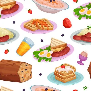 Tasty dishes for breakfast seamless pattern. English breakfast meal repeating Stock Illustration