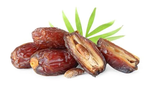 Tasty dried dates and leaf isolated on white 스톡 사진