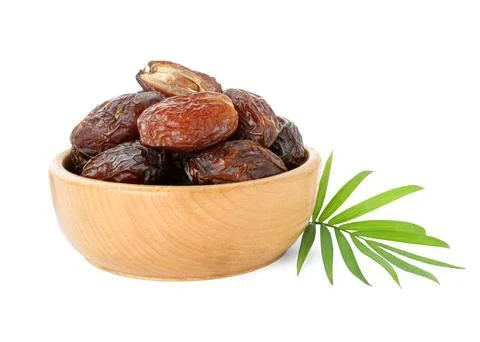 Tasty dried dates and leaf in bowl isolated on white 스톡 사진