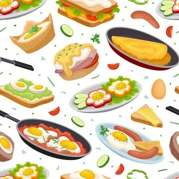 Tasty Egg Food Seamless Pattern Design with Boiled and Scrambled Egg Served on Stock Illustration
