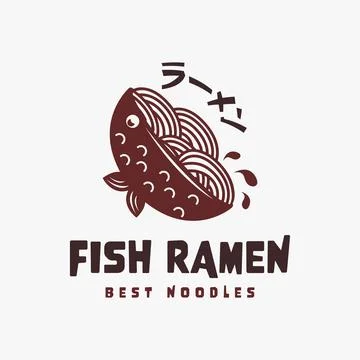 Tasty fish ramen logo vector icon illustration with concept fish bowl Stock Illustration