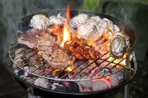Tasty fresh appetizing meat beef on grill cooking on open fire on grill gri.. Stock Photos