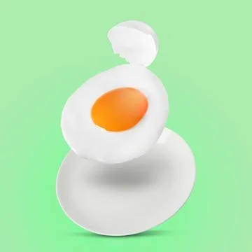 Tasty fried chicken egg with shell falling into plate on color background Stock Photos