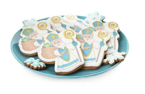 Tasty gingerbread cookies on white background. St. Nicholas Day celebration Stock Photos