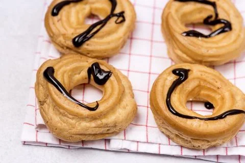 Tasty Home Baking Eclair with Cottage Cheese and Chocolate Sauce Tasty Homema Stock Photos