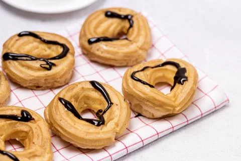 Tasty Home Baking Eclair with Cottage Cheese and Chocolate Sauce Tasty Homema Stock Photos