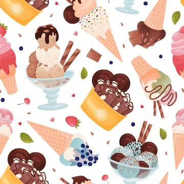 Tasty Ice Cream Seamless Pattern Design with Frozen Dessert in Waffle Cone and Stock Illustration
