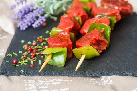 Tasty kabobs with vegetables Stock Photos