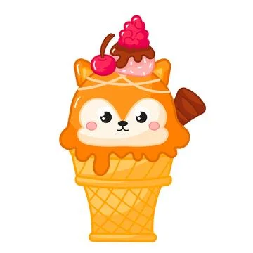 Tasty kawaii fox or dog shaped ice cream in cone with chocolate bar and berry Stock Illustration