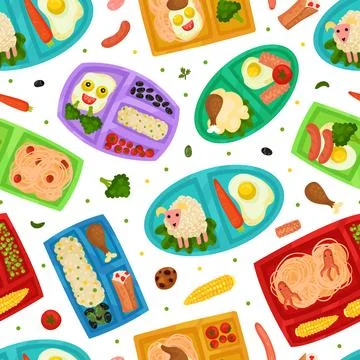 Tasty Lunch Box Seamless Pattern Design with Healthy Meal for Kids Vector 스톡 일러스트
