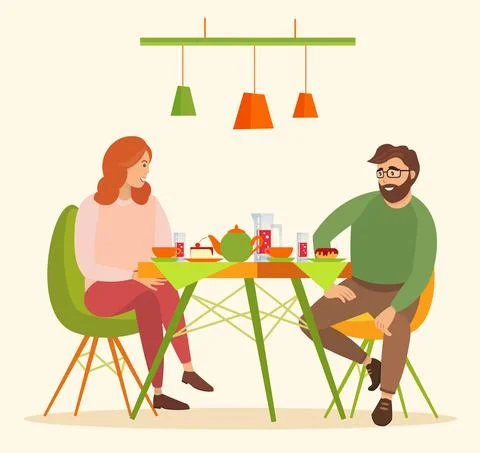 Tasty lunch in the cafe vector illustration. Couple is eating desserts and Ilustração Stock