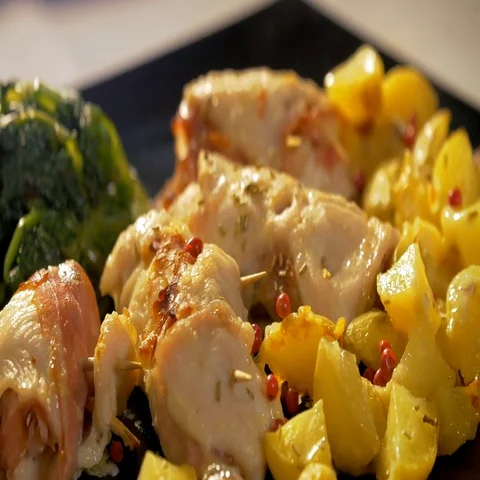Tasty meat rolls with ham and cheese together with spinach and potatoes. Stock Footage 69480421