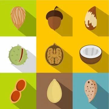 Tasty nuts icons set, flat style Stock Illustration