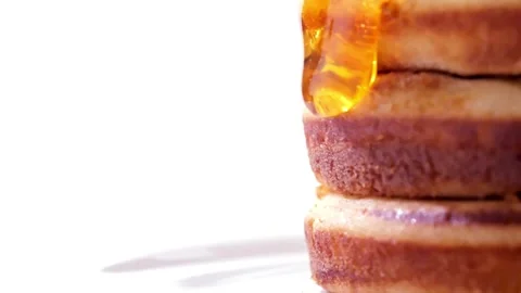 Tasty Pancakes served with Maple Syrup, close up. Stock-Footage 336589099