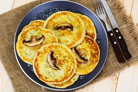 Tasty Pancakes Stack with Mushroom Stock Photos