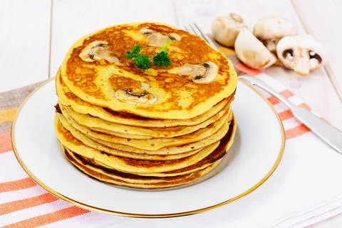 Tasty Pancakes Stack with Mushroom 스톡 사진