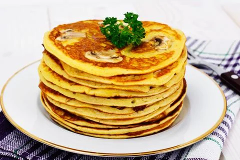 Tasty Pancakes Stack with Mushroom 스톡 사진