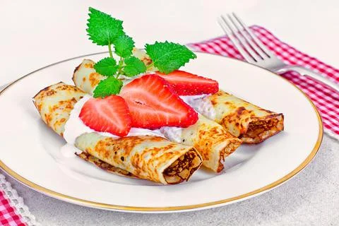 Tasty Pancakes Stack with Strawberry Stock Photos