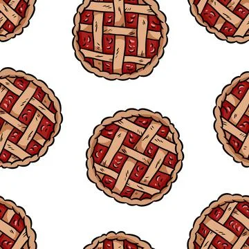 Tasty pie doodles seamless pattern. Cute cartoon tasty pastry repeatable back イラスト素材