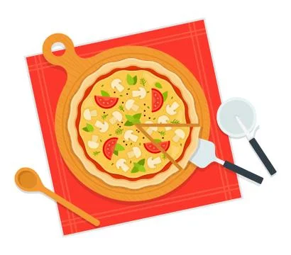 Tasty pizza mushroom. Vector flat illustrations. Food with a top view. European Stock Illustration