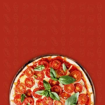 Tasty pizza on a pattern background. Veggie a pizza with tomatoes, olives, .. Stock Photos