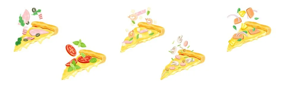 Tasty Pizza Slice Cut Float with Topping Vector Set Stock Illustration