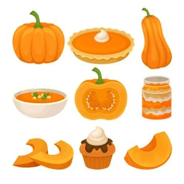 Tasty pumpkin dishes set, fresh ripe pumpkin and traditional Thanksgiving food Stock Illustration