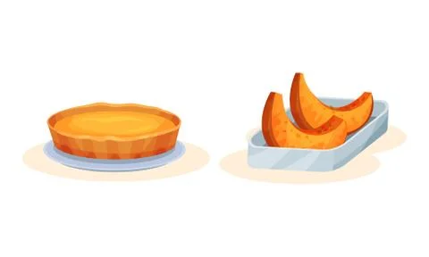 Tasty Pumpkin Pie and Sliced Squash Rested on Plate Vector Set Stock Illustration
