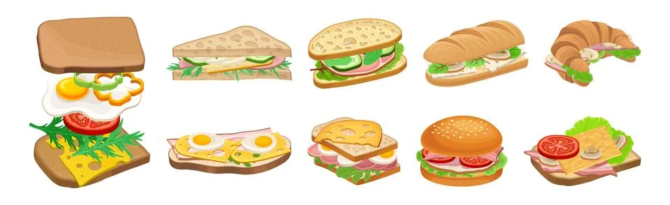 Tasty Sandwich as Bread with Different Stuffings Vector Set Stock Illustration