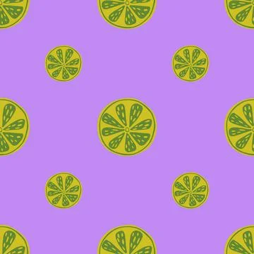 Tasty seamless pattern with green lime slices elements print. Purple pastel b Stock Illustration