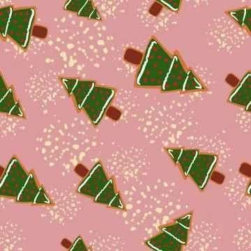 Tasty seamless random pattern with winter fir tree cookies. New year dessert  Stockillustratie