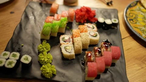 A tasty set of various roles is served on the plate Stock Footage 236939359
