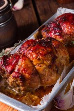 Tasty small rolling roasts fully with dried plum and bacon Stock Photos