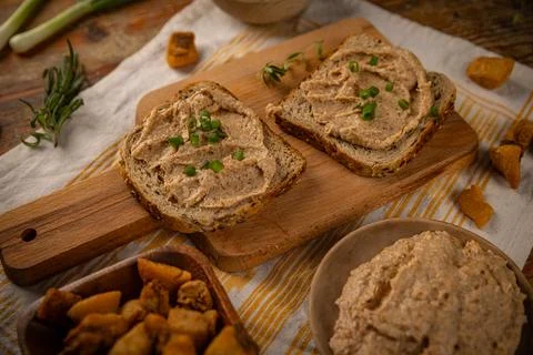 Tasty snack of bread with spread Foto stock
