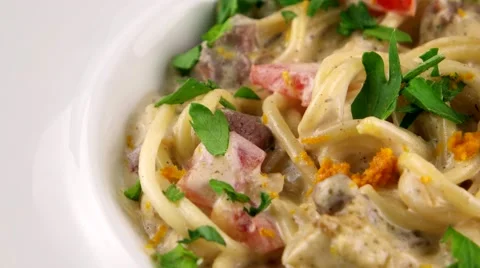 Tasty spaghetti with meat and tomatoes, restaurant food, loop Stock Footage 66482388