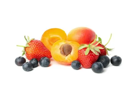 Tasty strawberry, apricot and blueberry isolated on white background Stock Photos