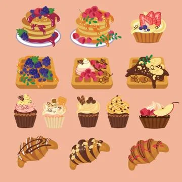 Tasty sweets from waffles to muffin and pancake Stock Illustration