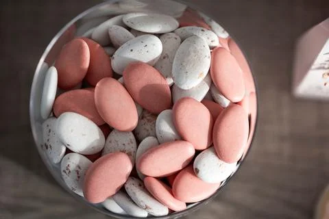 A tasty top down view of a glass bowl full of a typical Belgian treat calle.. Stock Photos